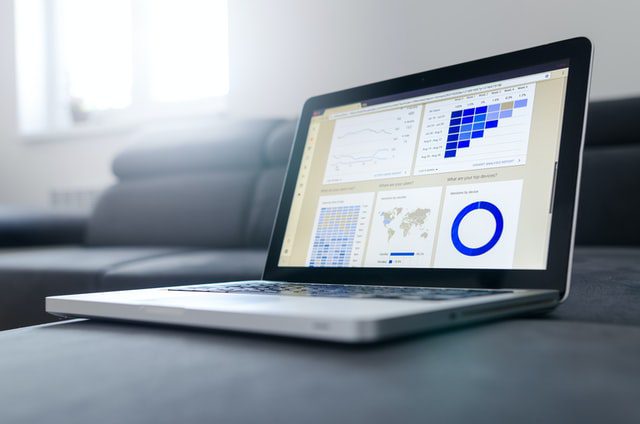 A laptop screen displaying charts and data