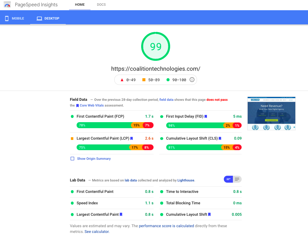 An image of a website’s Core Web Vitals analysis