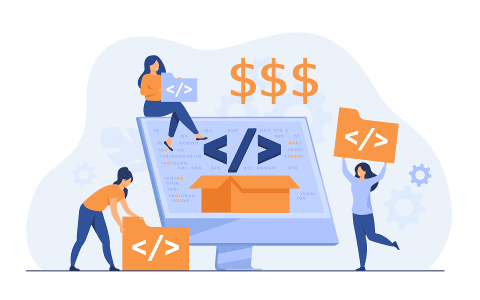 illustration of three women holding symbols for code in front of a monitor with dollar signs