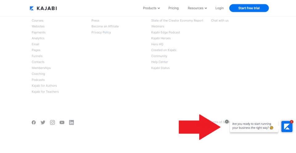 Live chat example on the Kajabi website