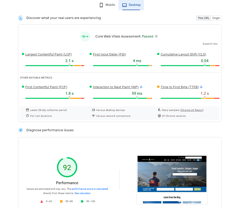 Example of Page Speed Test for a Business Website