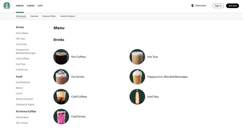 Starbucks progressive web app coffee menu