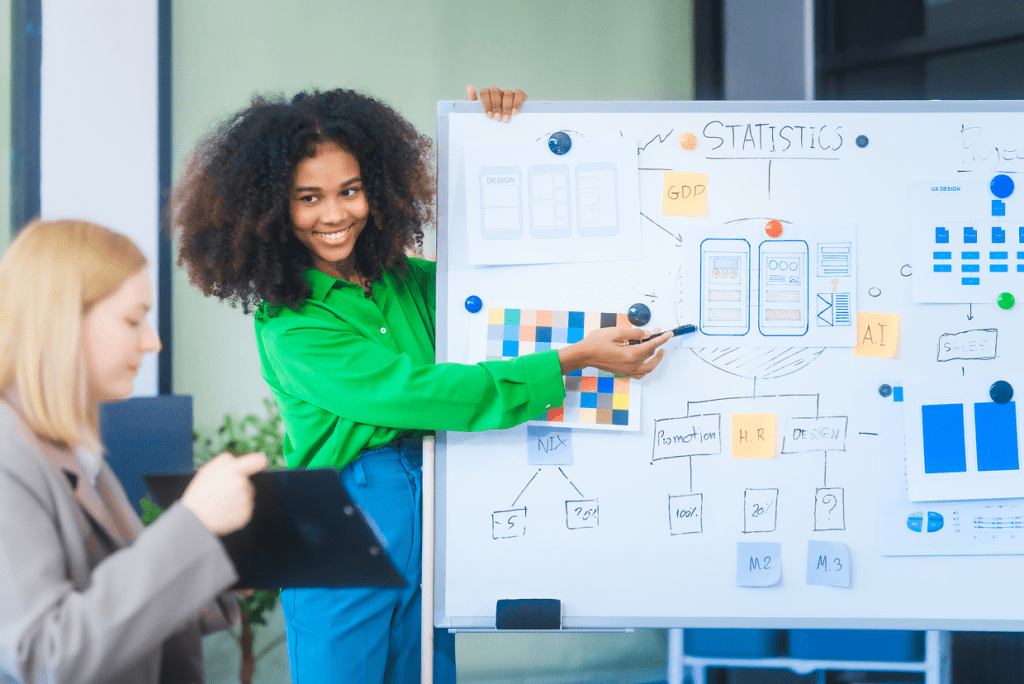 Woman making a presentation at a white board