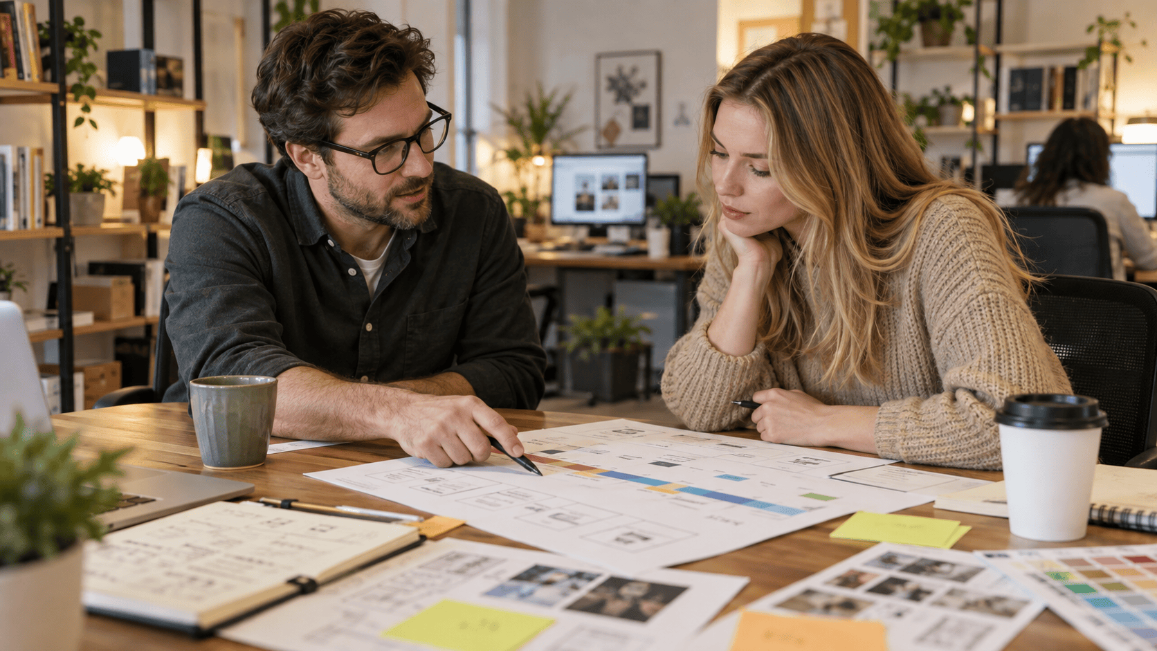 Male and female seated around a table looking at a prrinted mockup