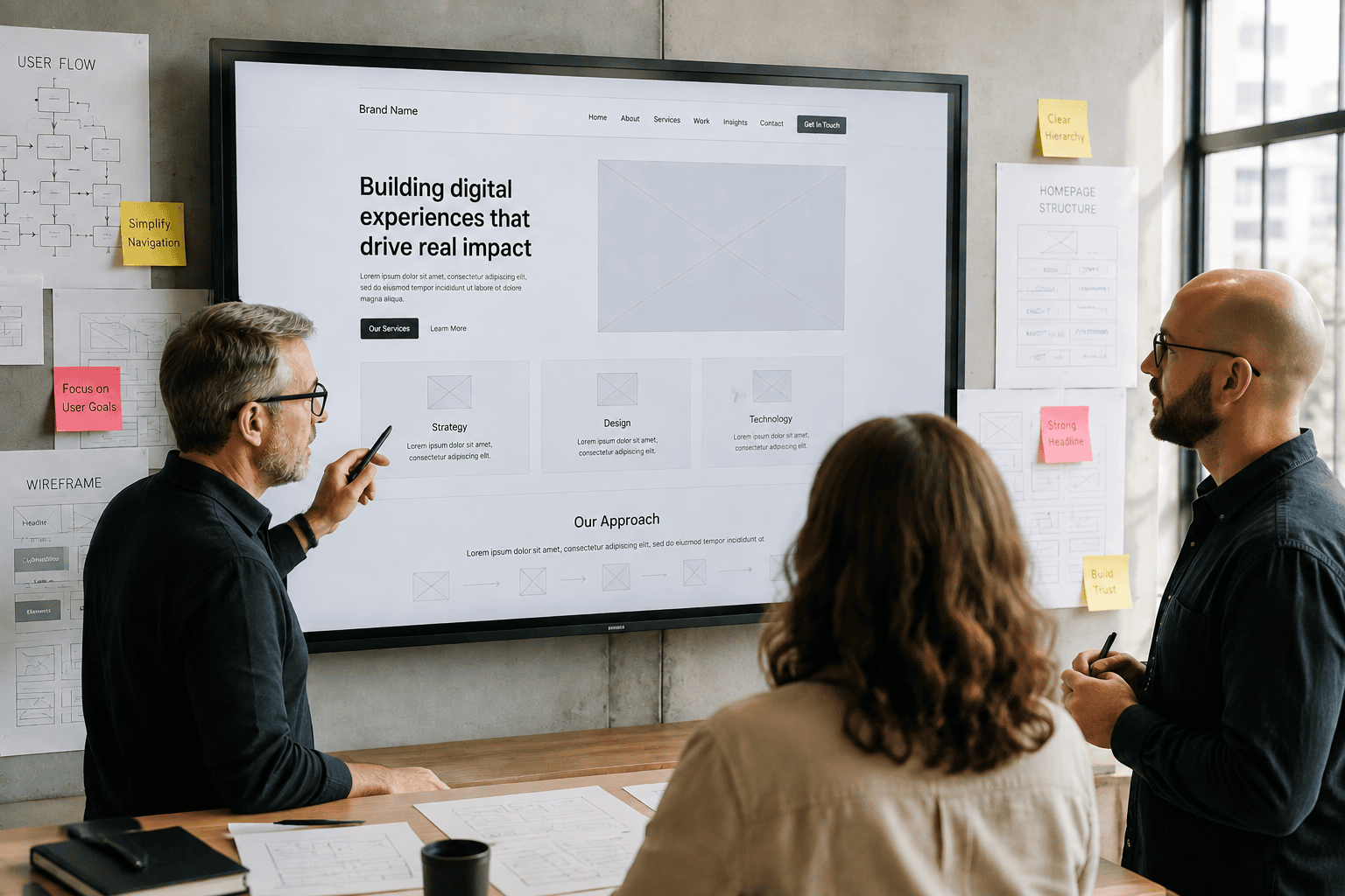 Male pointing to a white board while making a presentation to indviduals