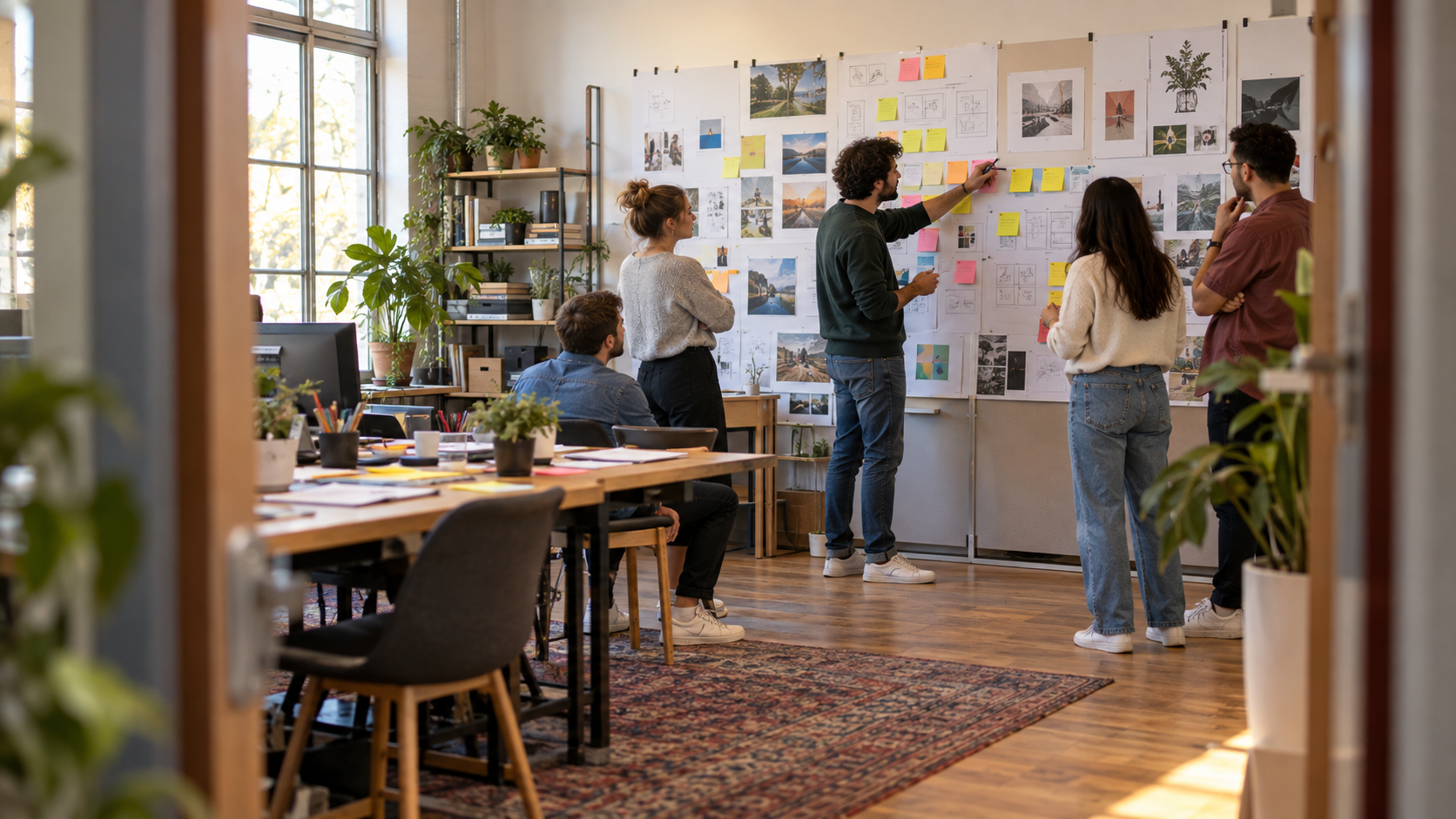 Group of people standing at a whiteboard with post-it notes
