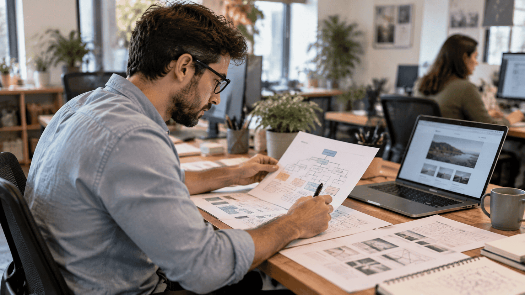 Male with glasses looking at a mockup sheet