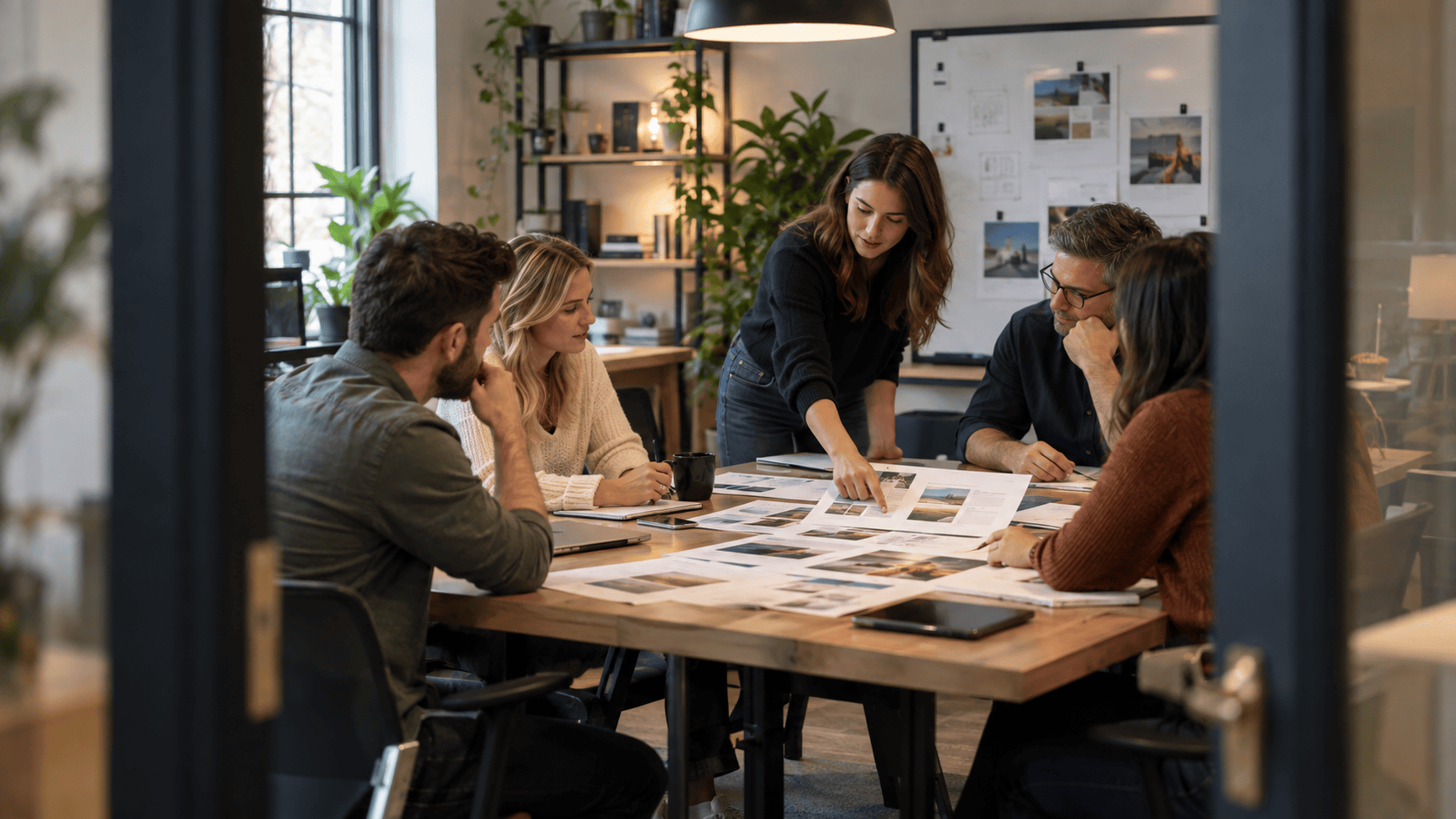 Group of 5 people looking at mockup seated around a table
