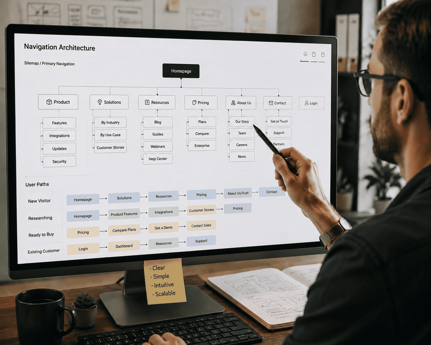 Man pointing to a monitor with Navigation Architecture displayed