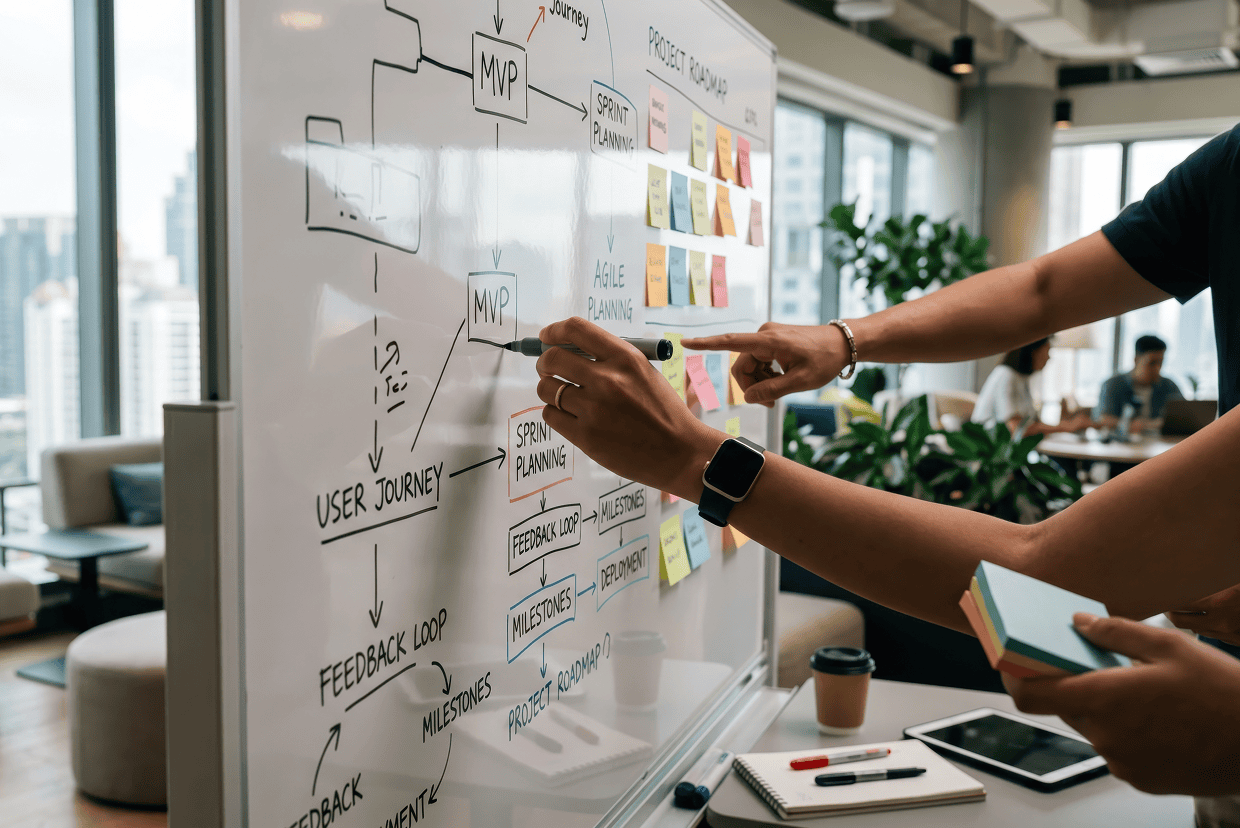 Hands pointing to a white board with writings and sticky notes